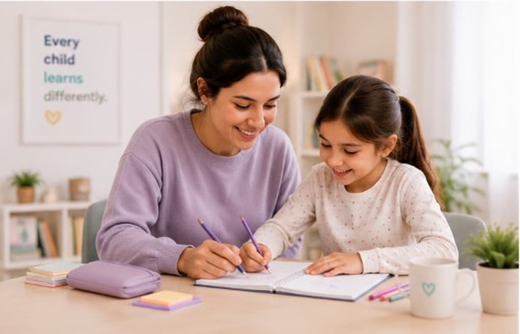 Katherine supporting a child during a personalized English learning activity